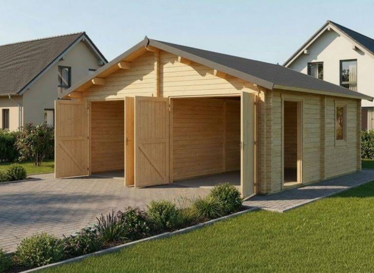 Kleine Doppelgarage aus Blockbohlen. Holzgarage mit zwei offenen Toren auf gepflasterter Einfahrt und Rasenfläche.