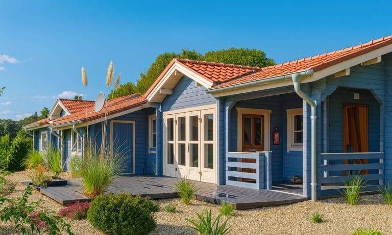 Ferienhaus Göteborg: Blaue Holzfassade mit Terrasse und rotem Ziegeldach unter blauem Himmel. Ideal für Urlaub.