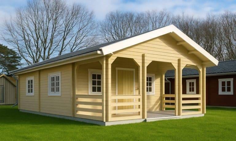 Ferienhaus Grönland: Gelbes Holzhaus mit Veranda und weißen Fenstern auf grüner Wiese. Gemütliches Ferienhaus mieten.