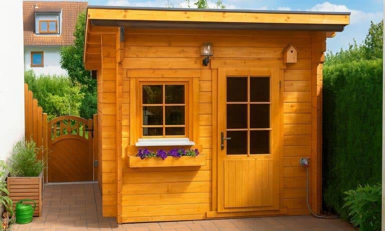 Ein kleines hölzernes Gartenhaus, Gerätehaus Olaf, verfügt über einen Blumenkasten mit lila Blumen, eine Eingangstür mit Glasscheiben, ein Vogelhaus darüber und einen gepflasterten Weg. Grüne Hecken und ein Holztor in der Nähe sorgen für zusätzlichen Charme.