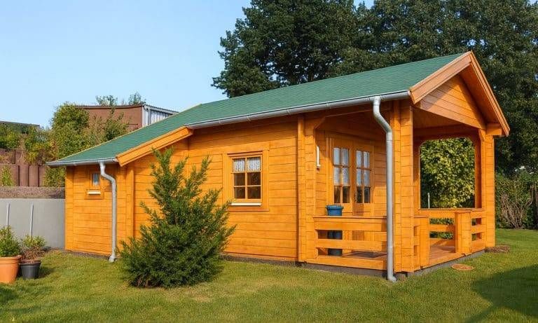 Ein kleines hölzernes Gartenhaus mit Schlafboden und Veranda mit einem grünen Dach, umgeben von Gras und Bäumen. Die Veranda verfügt über eine Topfpflanze, sichtbare Fenster und Regenrinnen aus Metall an den Dachrändern.