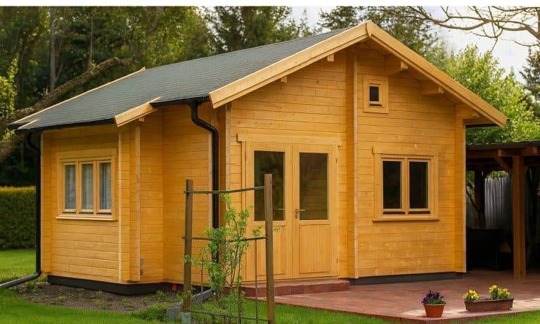 Ein kleines hölzernes Gartenhaus (24 qm) mit Schlafboden, einem dunklen Schindeldach, doppelten Glastüren und mehreren Fenstern steht auf einer roten Backsteinterrasse, umgeben von Gras und Bäumen, mit einer Topfpflanze im Vordergrund.