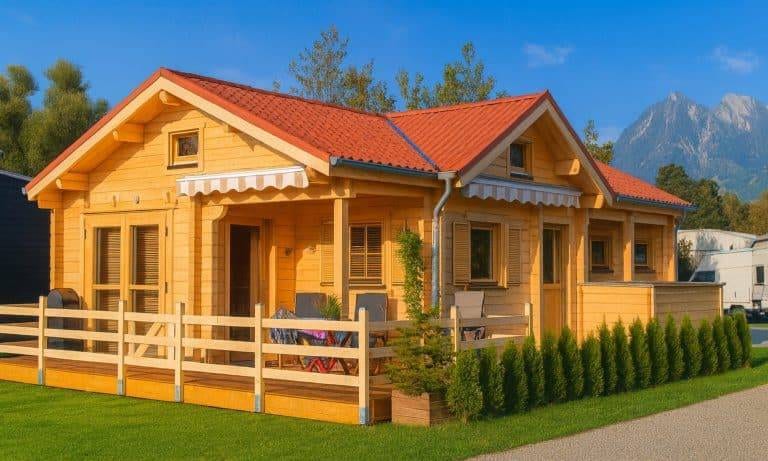 Ferienhaus Göteborg Deluxe: Gelbes Holzhaus mit rotem Dach und Bergen im Hintergrund. Ideal für Urlaub in Göteborg.