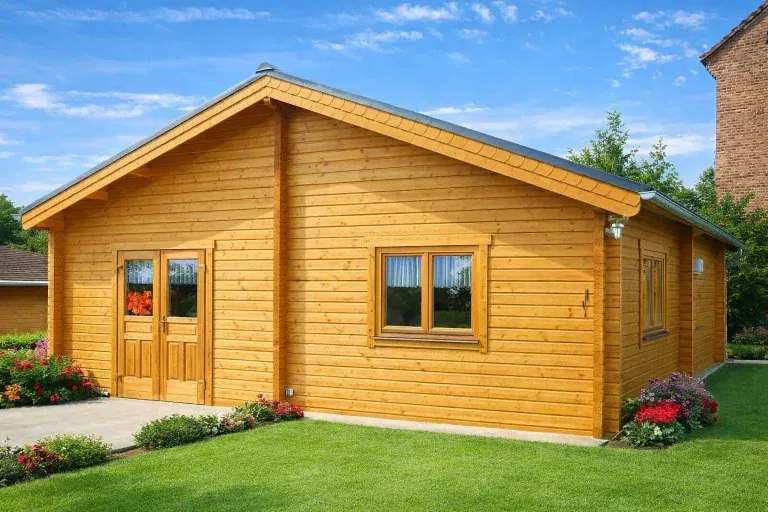 Ferienhaus Nordland Premium Ferienhaus Nordland Premium: Holzhaus mit Garten und blühenden Blumen. Ideal für Urlaub im Grünen.