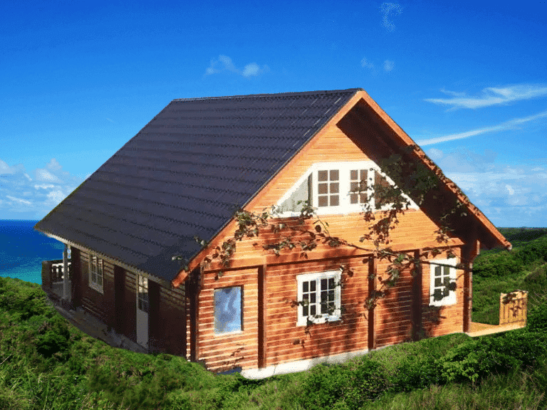 Ein Blockhaus Modell Rügen als Wohnhaus mit weiß umrahmten Fenstern steht auf einem grasbewachsenen Hügel und blickt unter klarem Himmel aufs Meer. An der Fassade ranken sich Reben, die kleine Veranda ist rechts sichtbar.