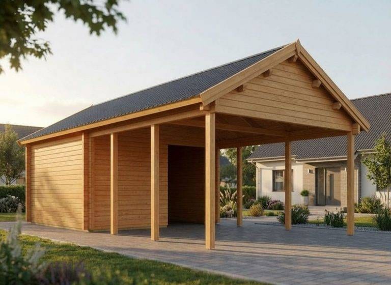 Carport - Geräteraum Carport mit Geräteraum: Holzcarport mit Schuppen für Gartengeräte. Moderner Stellplatz mit Stauraum.