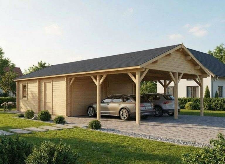 Blockhaus kaufen Doppelgarage mit Vordach: Holzgarage für zwei Autos. Carport mit Geräteraum und PKWs. Holzkonstruktion mit Dach.