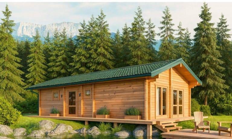 Ferienhaus Brandenburg: Holzhaus mit grünen Dach in der Natur am See. Ideal für Urlaub in Brandenburg.