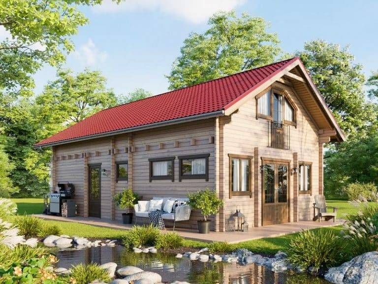 Ein Ferienhaus Blockhaus Modell Mosel mit begehbarem Schlafboden, einem Balkon und einer Veranda mit Gartenmöbeln, direkt an einem angelegten Te