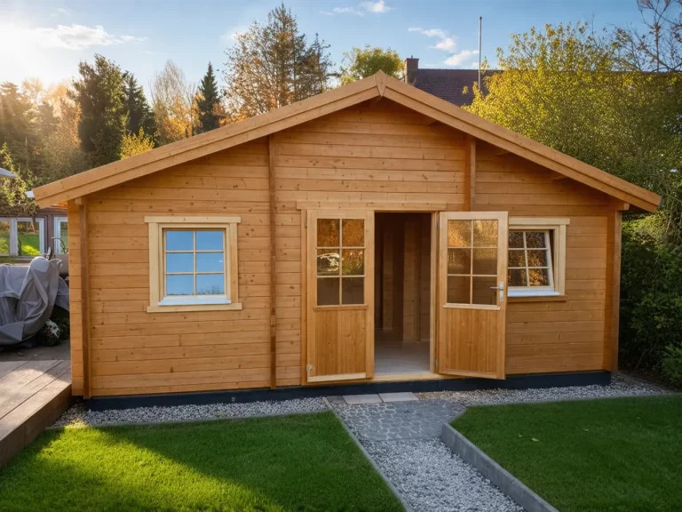 Gartenhaus Bodensee Blockhaus ohne Schlafboden: Gemütliches Holzhaus mit Fenster und offener Tür im Grünen.