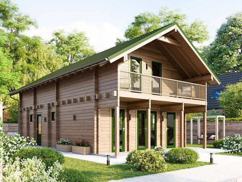 Eine 3D-Darstellung einer Blockhütte in einem Garten.