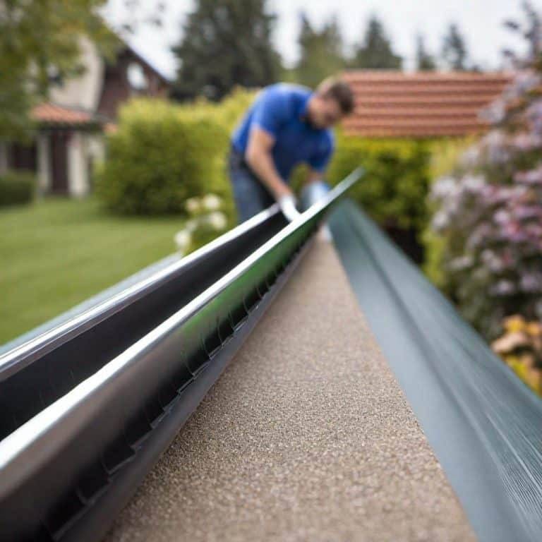 Ein Mann repariert eine Dachrinne auf einem Dach.