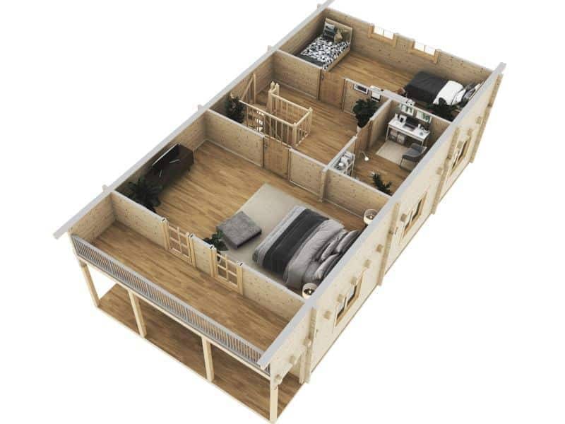 Blockhaus Mosel Dachgeschoss: Schlüsselfertiger Grundriss mit Schlafzimmern, Büro und Balkon. Gemütliches Wohnen im Holzhaus.