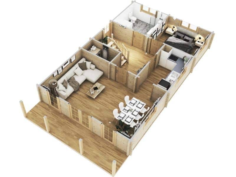 Grundriss Blockhaus Mosel schlüsselfertig: Erdgeschoss mit Wohnzimmer, Küche, Bad und Schlafzimmer. Ideal für Ihr neues Zuhause.