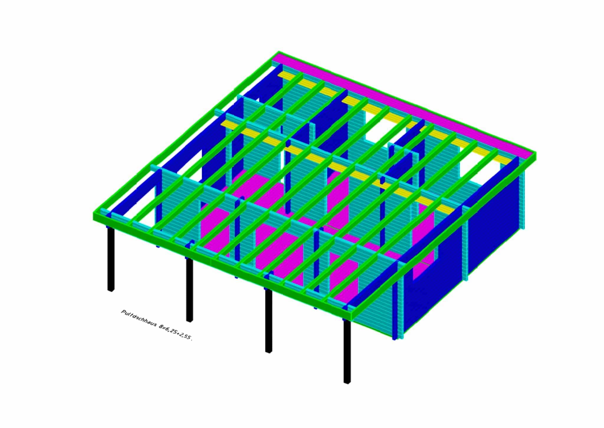 Pultdachhaus 3D Modell: Holzkonstruktion mit farbigen Balken und Pfosten. Bauplan für Gartenhaus oder Schuppen.