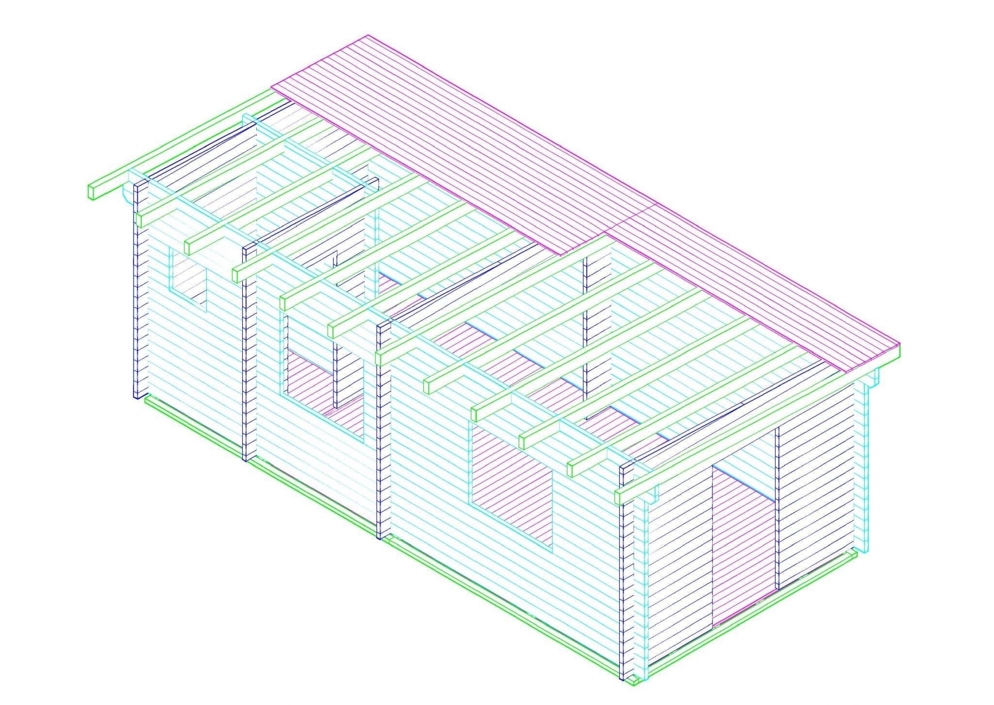 Detaillierte Bauzeichnung eines Pultdachhauses, isometrische Ansicht. Holzhaus Design und Konstruktion.