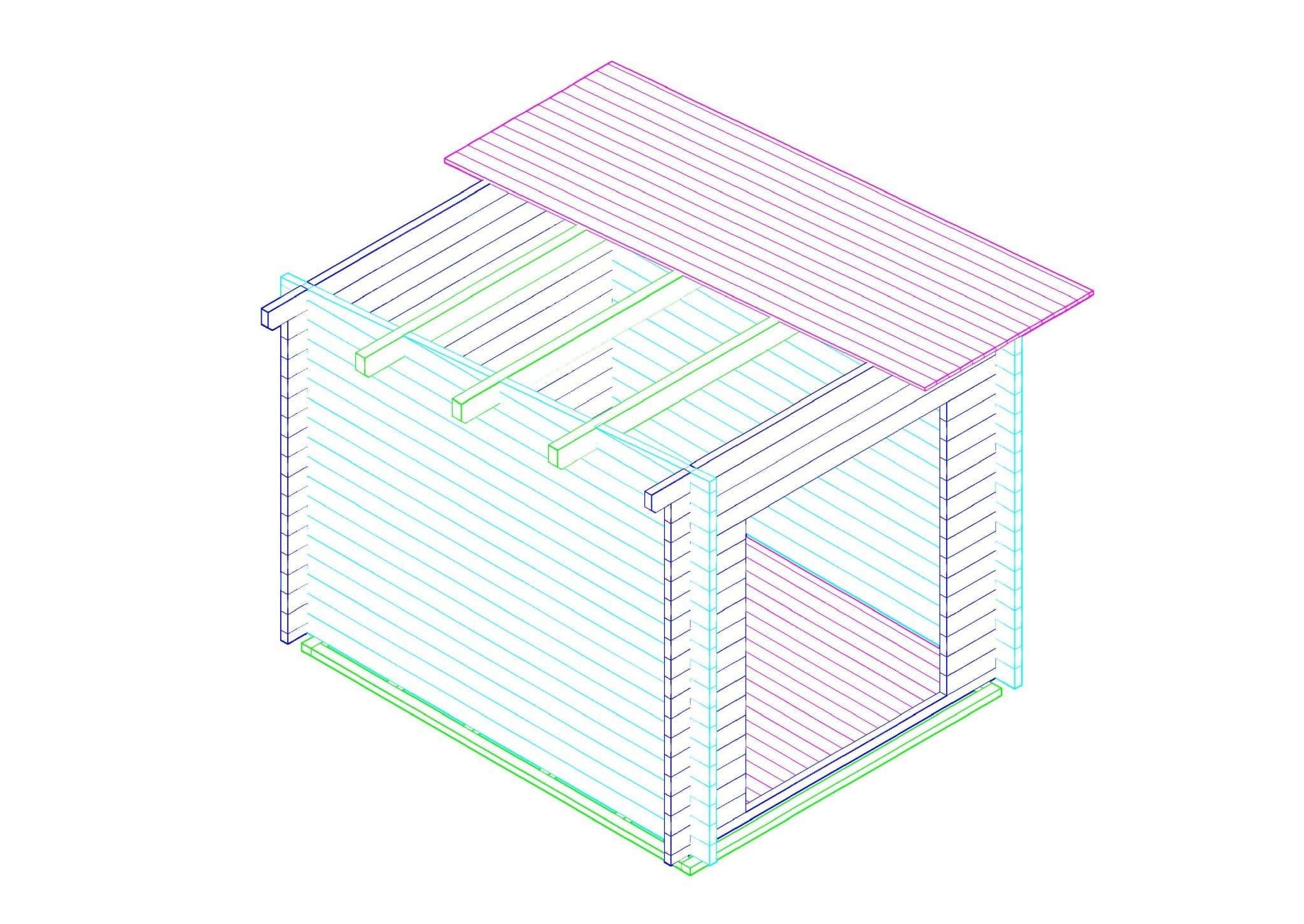 Pultdachhaus Bauplan: 3D-Ansicht eines modernen Gartenhauses mit Pultdach. Ideal für DIY-Projekte und moderne Architektur.