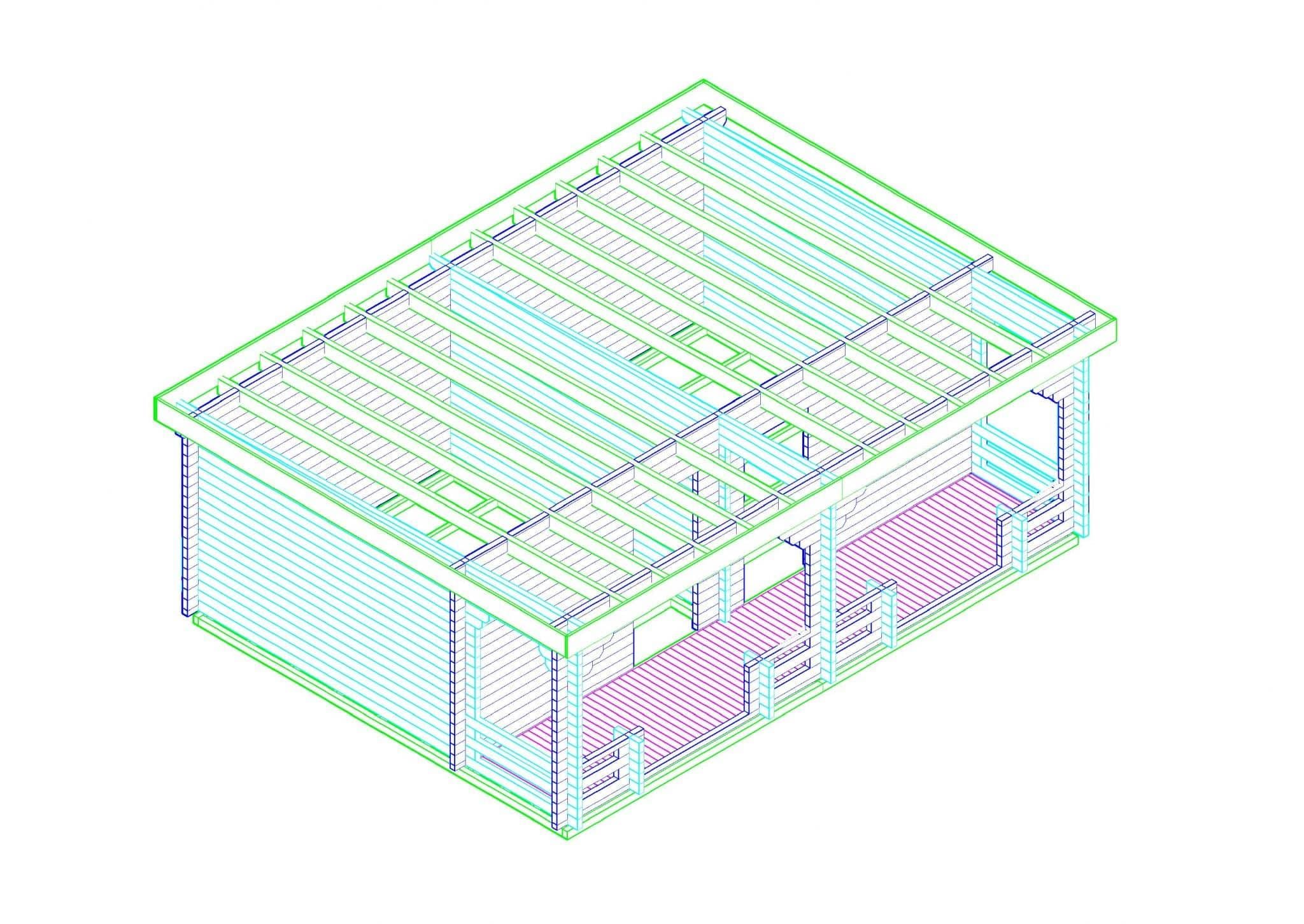 Pultdachhaus Nr. 3 Seite 1: 3D-Modell eines modernen Pultdachhauses mit Holzkonstruktion und klaren Linien.