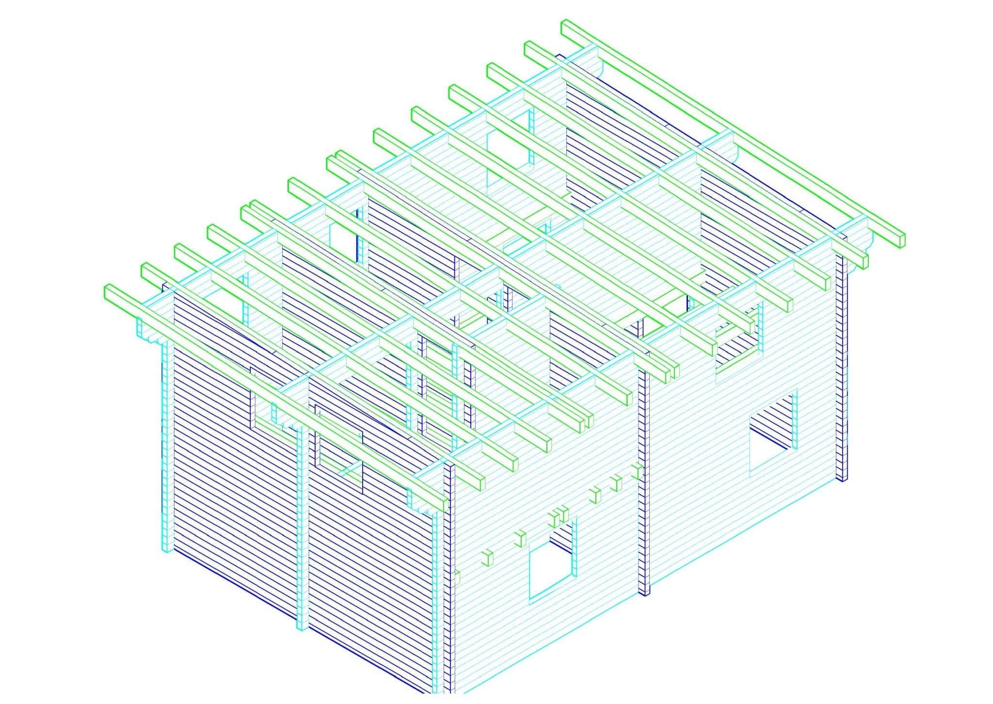 Pultdachhaus Konstruktion: 3D-Ansicht des Holzhaus Rohbaus mit Dachsparren und Fensteröffnungen.