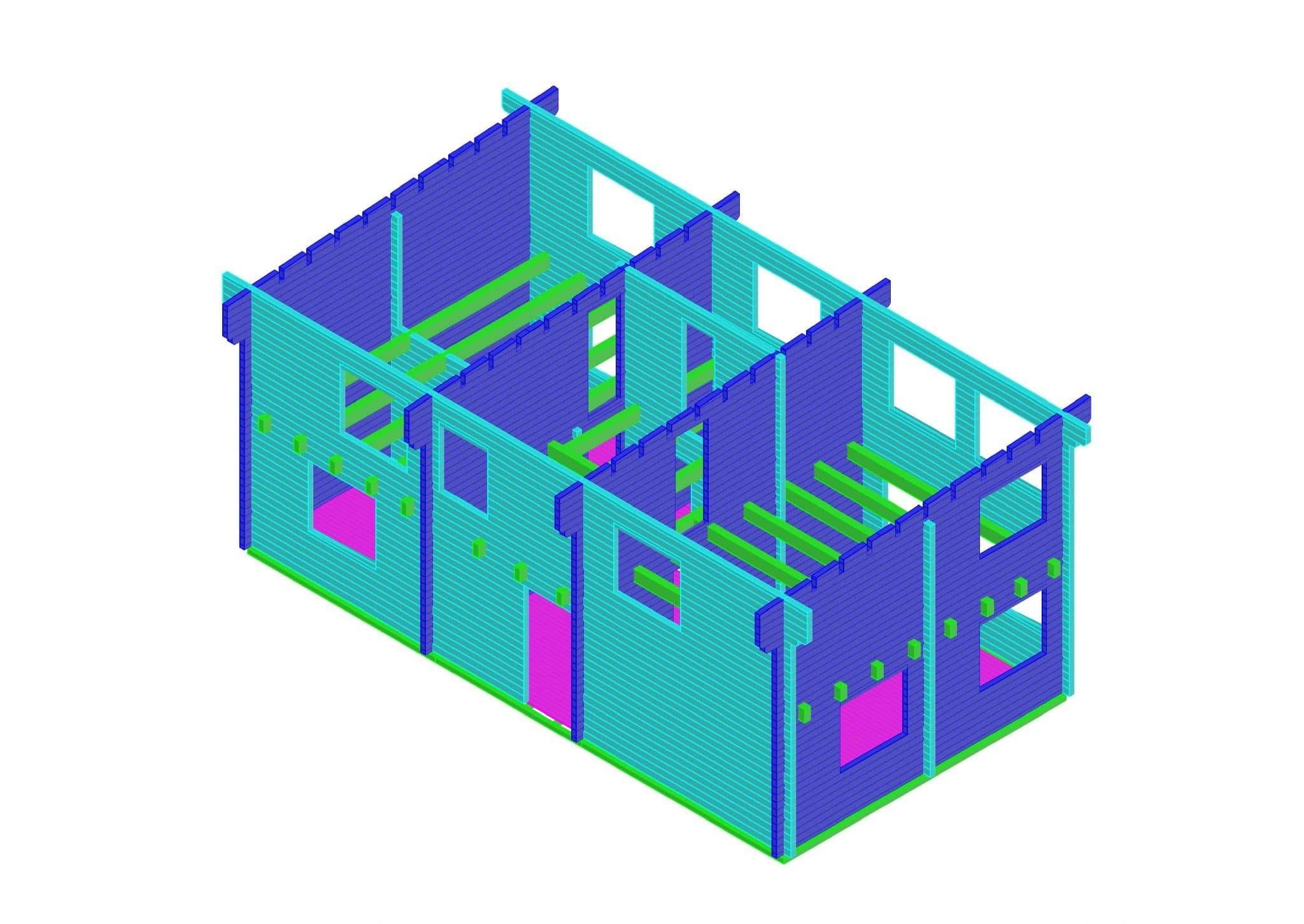 Pultdachhaus Nr. 6: 3D-Modell eines modernen Holzhauses mit Pultdach, ideal für energieeffizientes Bauen. Hausbau Planung.