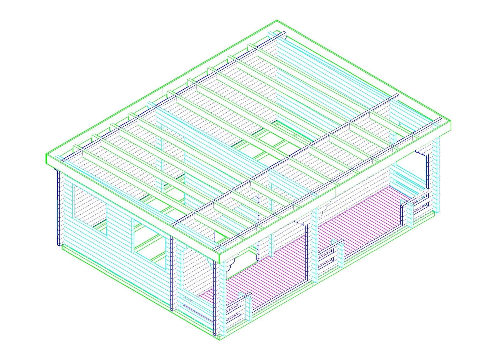 Dachdesign für Pultdachhaus: 3D-Ansicht des Holzhausmodells mit Fenster, Balken und Dachelementen. Architekturvisualisierung.