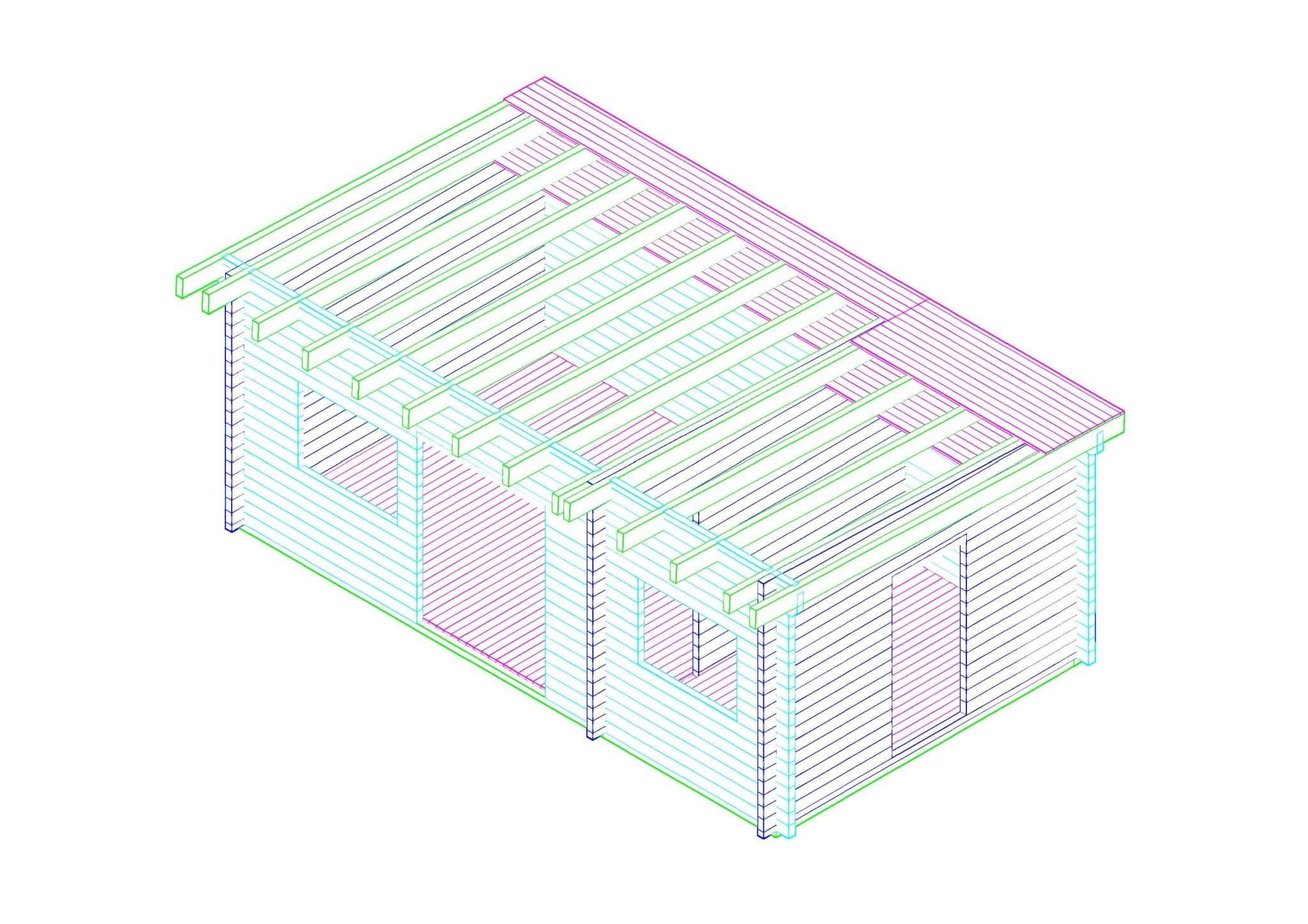 Draufsicht Pultdachhaus Nr. 8: Technische Zeichnung eines modernen Holzhauses mit Pultdach. Ideal für Garten, Freizeit oder als Wohnraum.