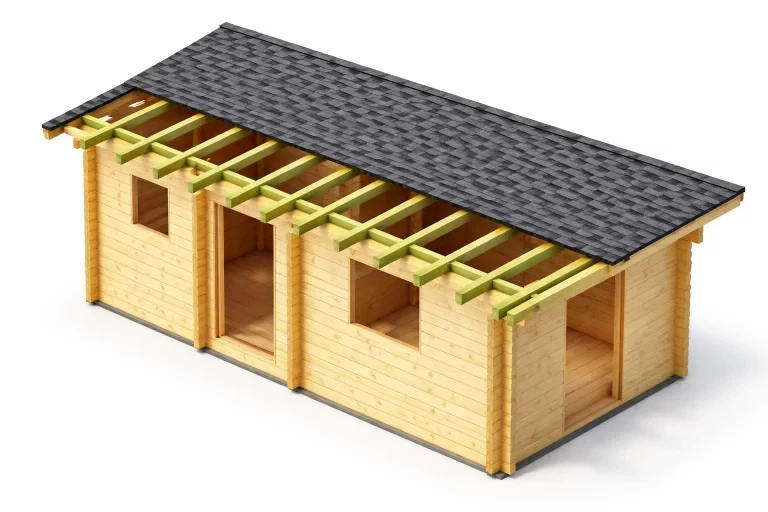 Pultdachhaus Übersicht: Holzhaus mit Pultdach im Bau, Dachkonstruktion sichtbar. Ideal für moderne Hausdesigns.