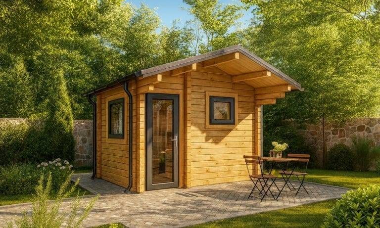 Eine kleine hölzerne Gartensauna mit einer Glastür und zwei Fenstern steht auf einer gepflasterten Veranda. Ein Bistrotisch aus Metall mit zwei Stühlen steht in der Nähe, umgeben von Gras, Bäumen und einer Steinmauer unter einem klaren Himmel.