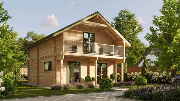 Avant Modernes Holzhaus Avant 2025 mit Balkon und Garten. Ferienhaus oder Wohnhaus aus Holz, mit grünen Akzenten.