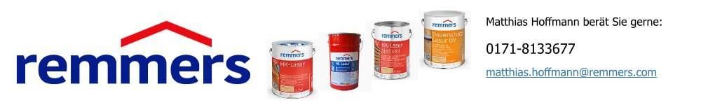 Gartenhaus 24qm mit Schlafboden Remmers-Logo mit fünf Dosen von Remmers-Produkten in einer Reihe. Die Kontaktdaten von Matthias Hoffmann werden angezeigt: Telefonnummer 0171-8133677 und E-Mail matthias.hoffmann@remmers.com.