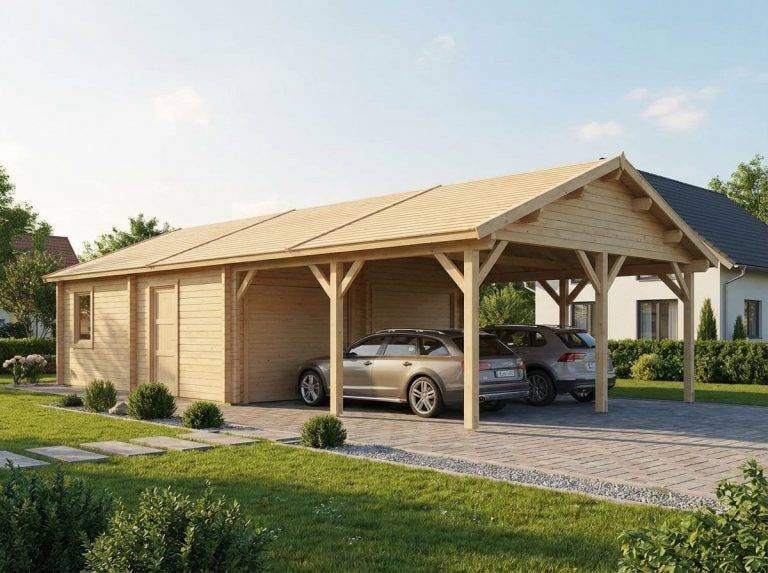 Großer Carport aus Holz mit zwei Autos. Moderner Doppelcarport und Geräteschuppen für PKW. Holzcarport im Garten.