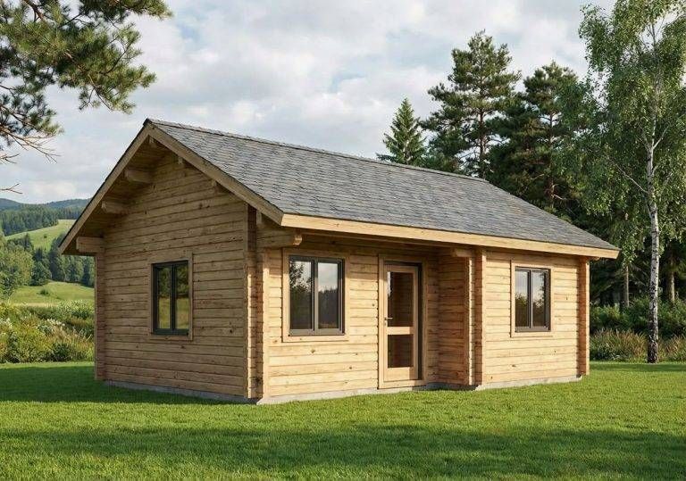 Heideblick Blockhaus: Gemütliches Holzhaus mit grauen Dachziegeln auf grünem Rasen. Ideal für Garten oder als Ferienhaus.