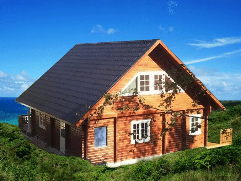 Ein Blockhaus Modell Rügen als Wohnhaus mit weiß umrahmten Fenstern steht auf einem grasbewachsenen Hügel und blickt unter klarem Himmel aufs Meer. An der Fassade ranken sich Reben, die kleine Veranda ist rechts sichtbar.