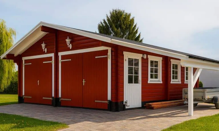 Eine rote Holzgarage im Stil von Holzgaragen aus Blockbohle verfügt über zwei große Türen, eine weiße Seitentür mit Fenstern und einen überdachten Bereich auf der rechten Seite. Darunter sind ein Anhänger und Holzplanken gelagert, umgeben von Gras und Bäumen.