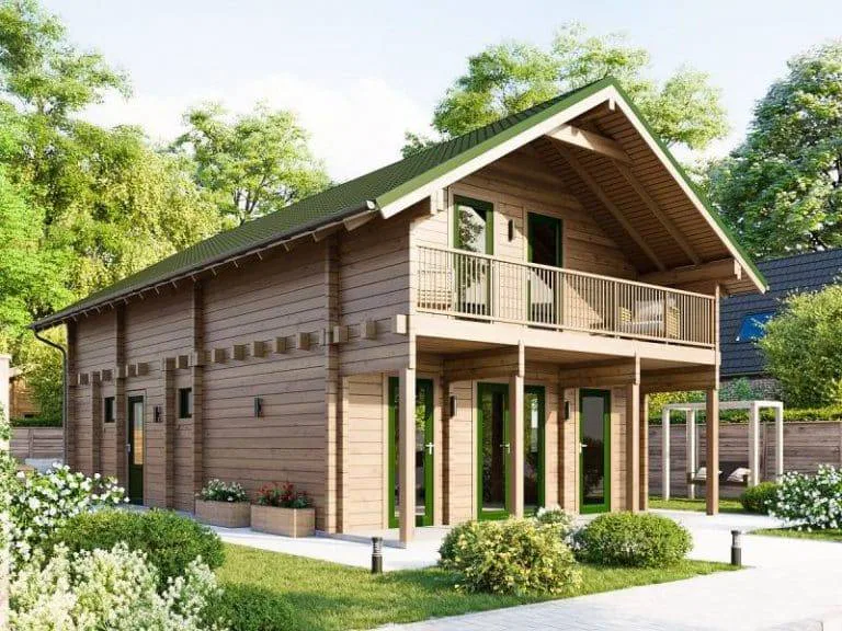 Eine 3D-Darstellung einer Blockhütte in einem Garten.