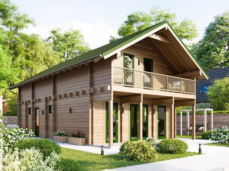 A 3D representation of a log cabin in a garden.