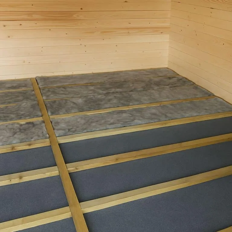 Isolierung Ein hölzerner Raum mit einem im Bau befindlichen Fußboden; Holzbalken werden über Dämmmaterial verlegt, so dass ein Gerüst entsteht, auf das wahrscheinlich Dielen gelegt werden.