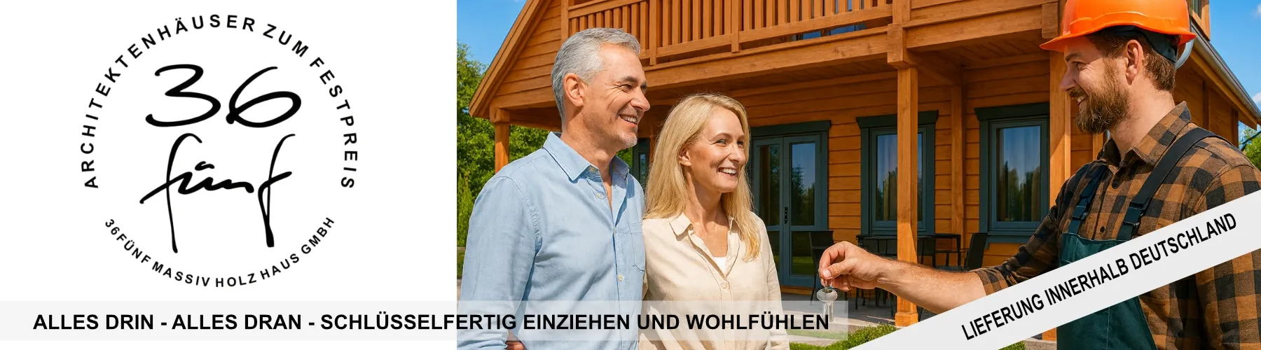 Ein lächelnder Mann und eine lächelnde Frau stehen vor einem modernen Holzhaus und unterhalten sich mit einer anderen lächelnden Frau, die ein Klemmbrett hält. Der Text lädt Sie ein, ein Blockhaus von einem Spezialisten zu kaufen, mit Lieferung innerhalb Deutschlands. Auf der linken Seite ist ein Firmenlogo zu sehen.