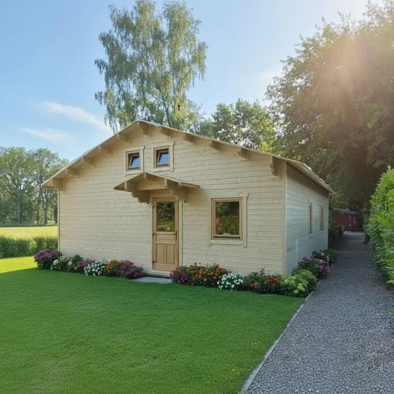 Home Ein kleines, helles Holzhaus Rosenau 70 mit einem Satteldach, zwei Fenstern an der Vorderseite und einer zentralen Tür. Es ist umgeben von grünem Gras, Blumenbeeten und einem Kieselweg an einem klaren, sonnigen Tag.